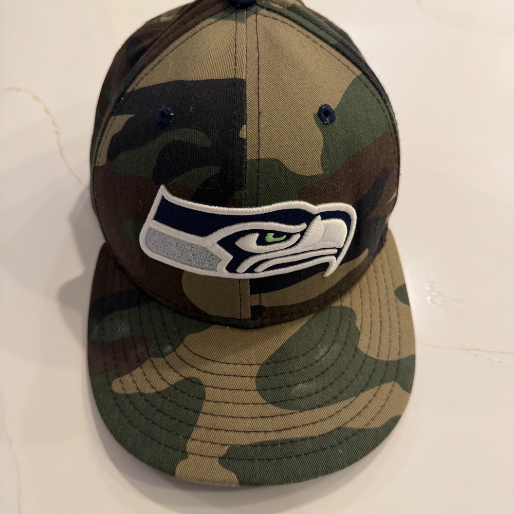 GOOD LUCK SEATTLE SEAHAWHKS Camo 59FIFTY‎ Fitted Hat Size 7 1/4 NFL